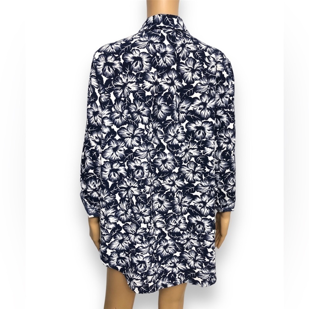 MICHAEL KORS Long Roll-tab Sleeve Floral Blue Hibiscus Tunic Top Blouse Size L - Picture 9 of 14